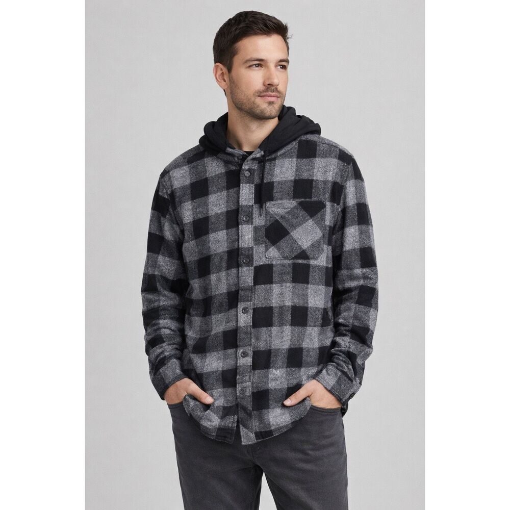 Sunrise Kingdom Hooded Flannel Shirt XL Gray Black Plaid NWT